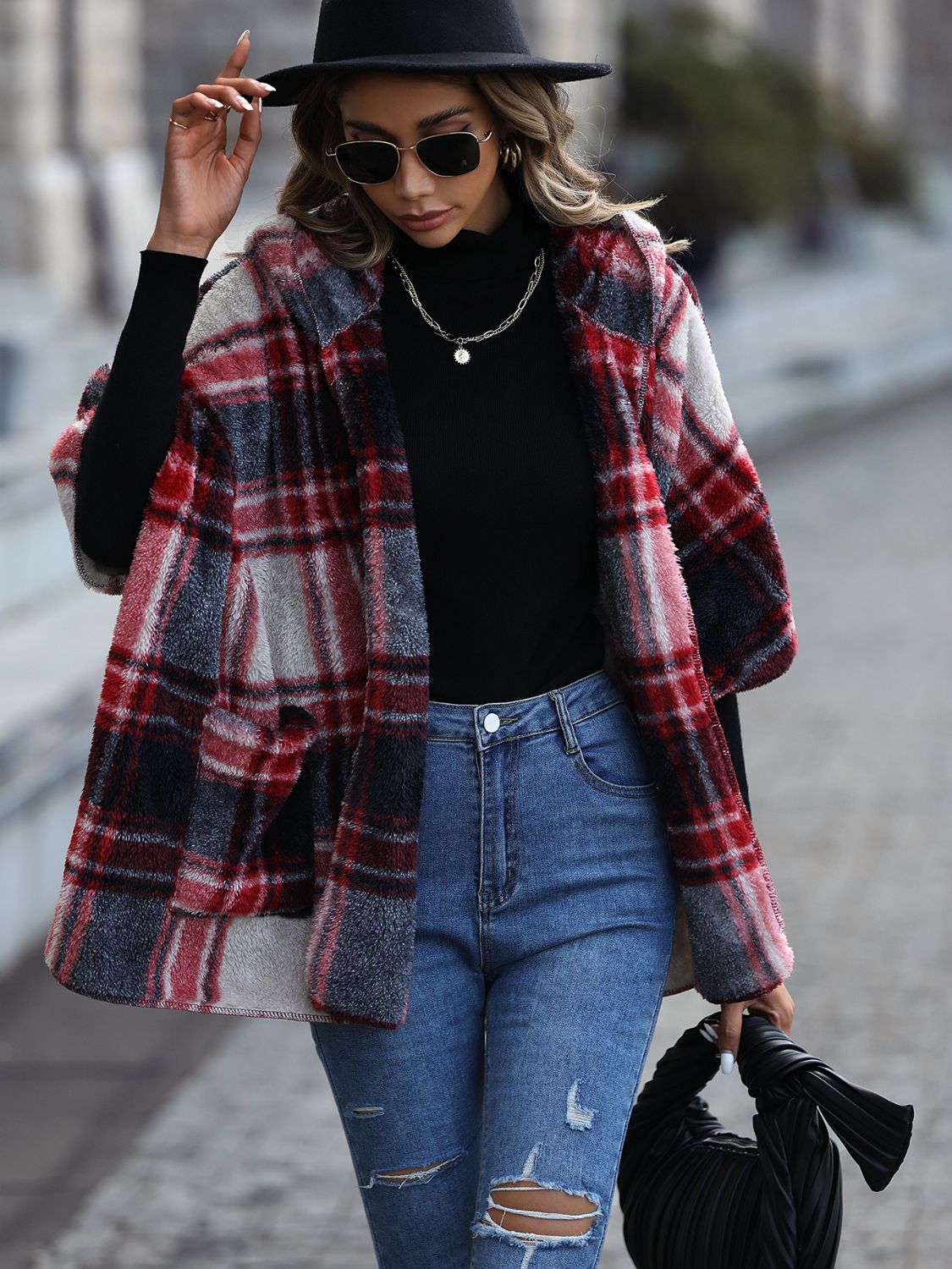 Plaid Hooded Coat with Pockets - Fashorio