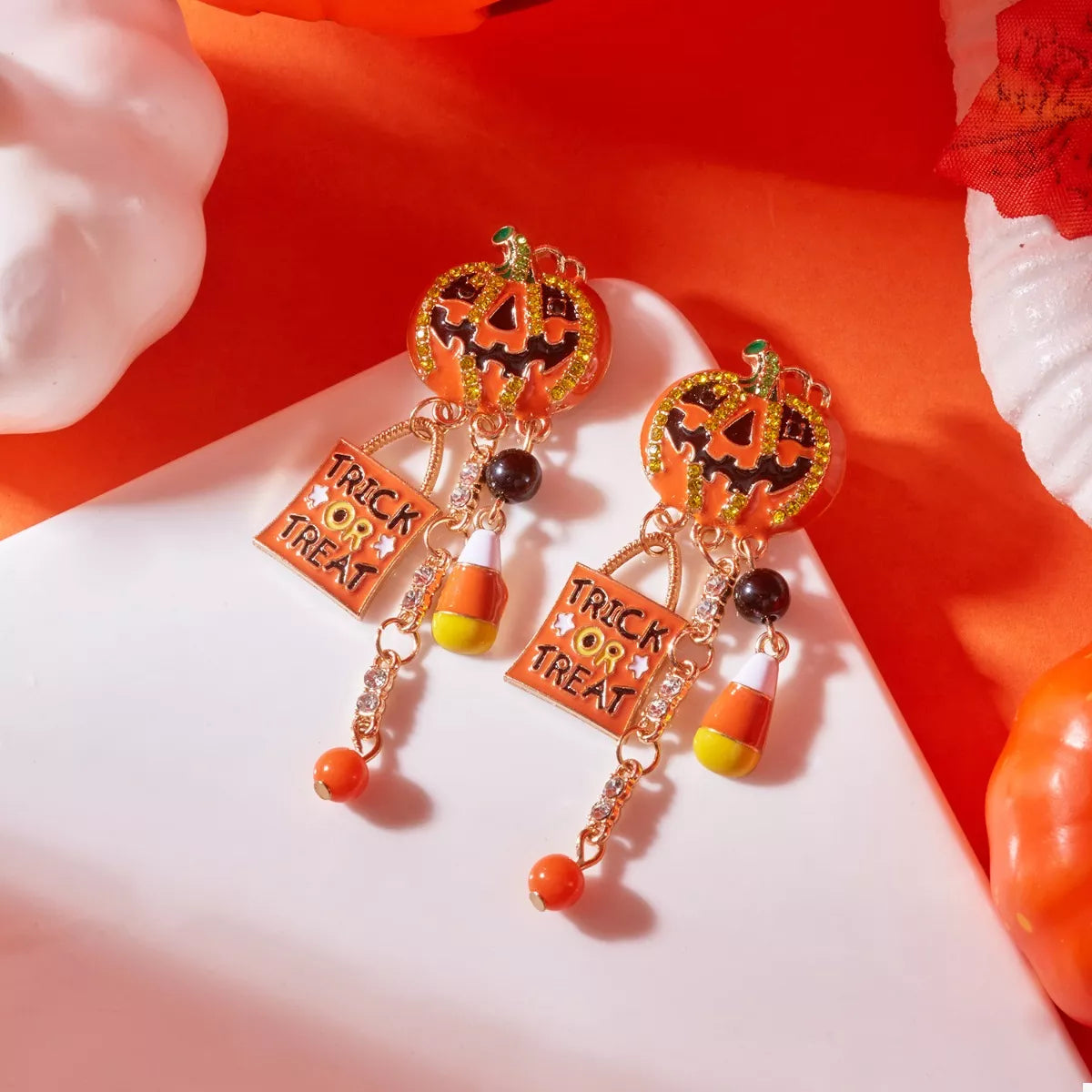 Halloween Rhinestone Pumpkin Drop Earrings - Fashorio