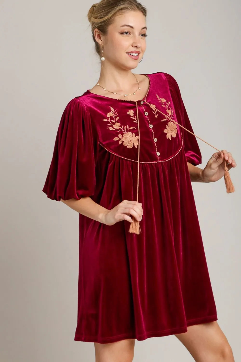 Embroidered Half Sleeve Velvet Mini Dress with Tassel side view