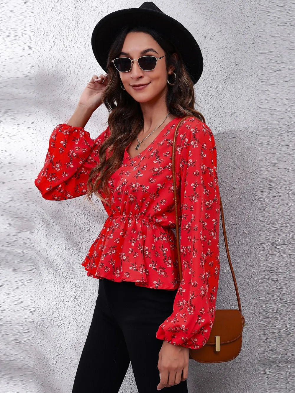Floral V-Neck Balloon Sleeve Peplum Blouse - Fashorio