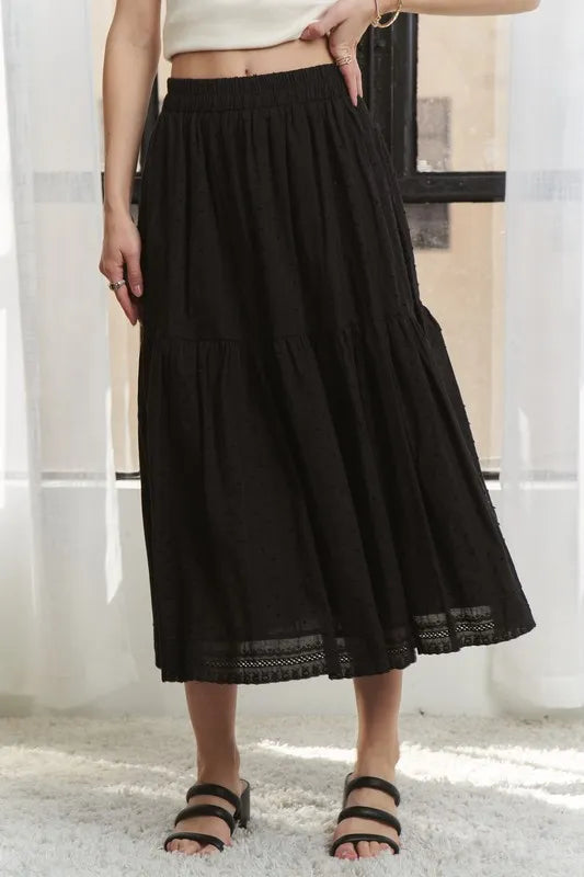 ADORA Elastic Waistband Tiered Midi Skirt - Fashorio