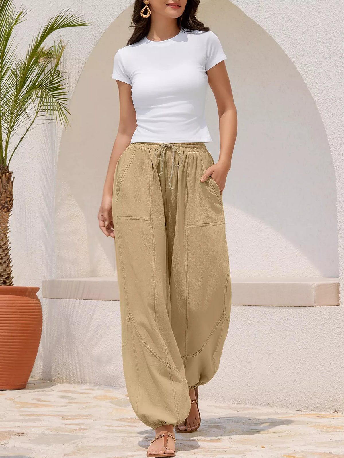 Loose fit drawstring waist harem joggers side view