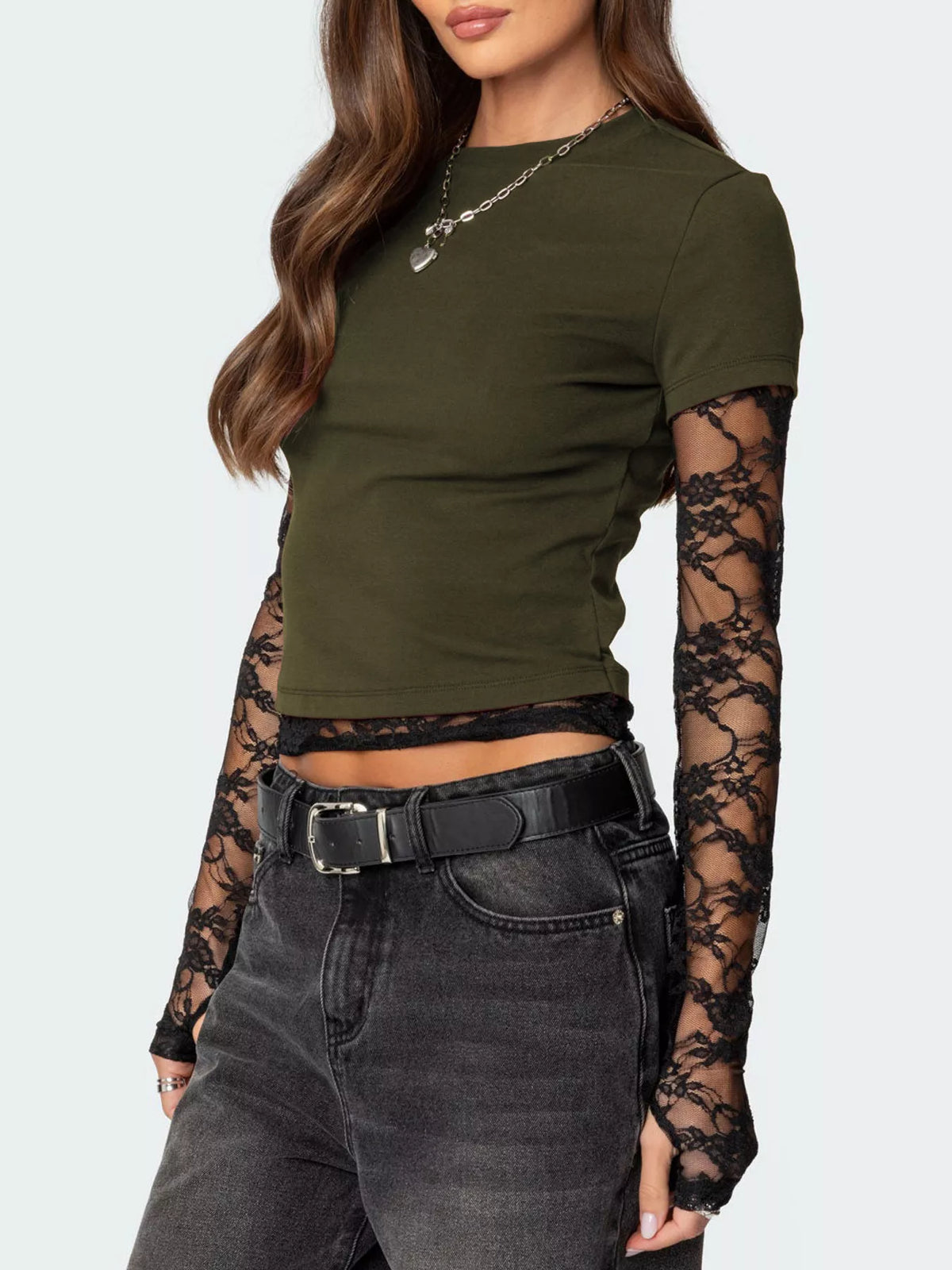 Cropped tee with sheer lace long sleeves side view