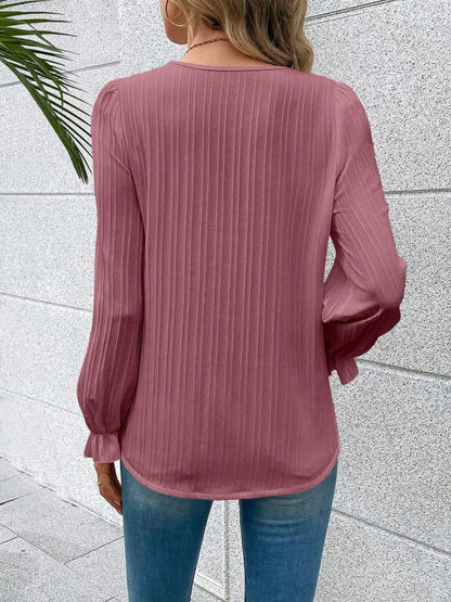 V-Neck Lace Detail Flounce Sleeve Blouse - Fashorio