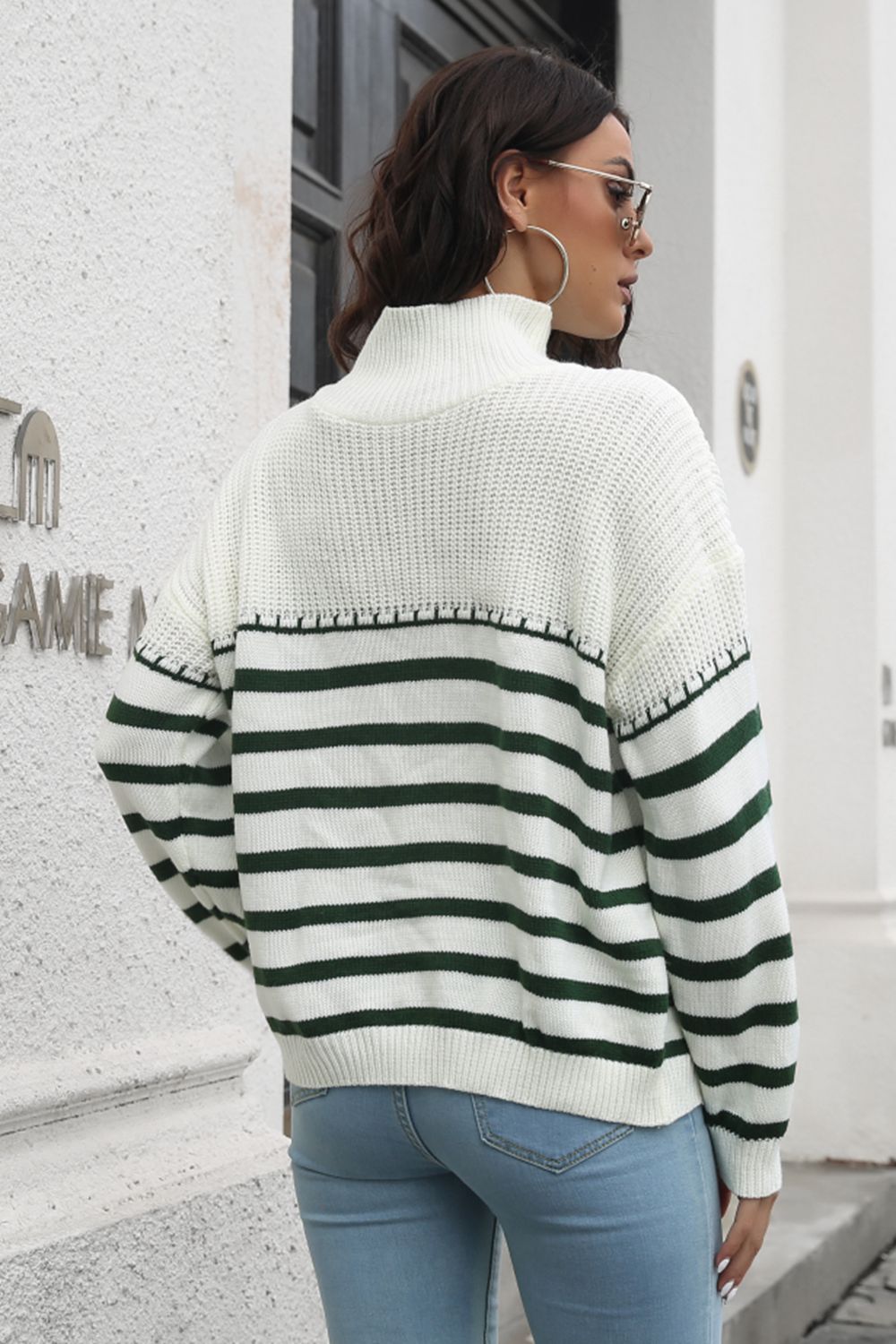 Striped Turtleneck Drop Shoulder Sweater - Fashorio
