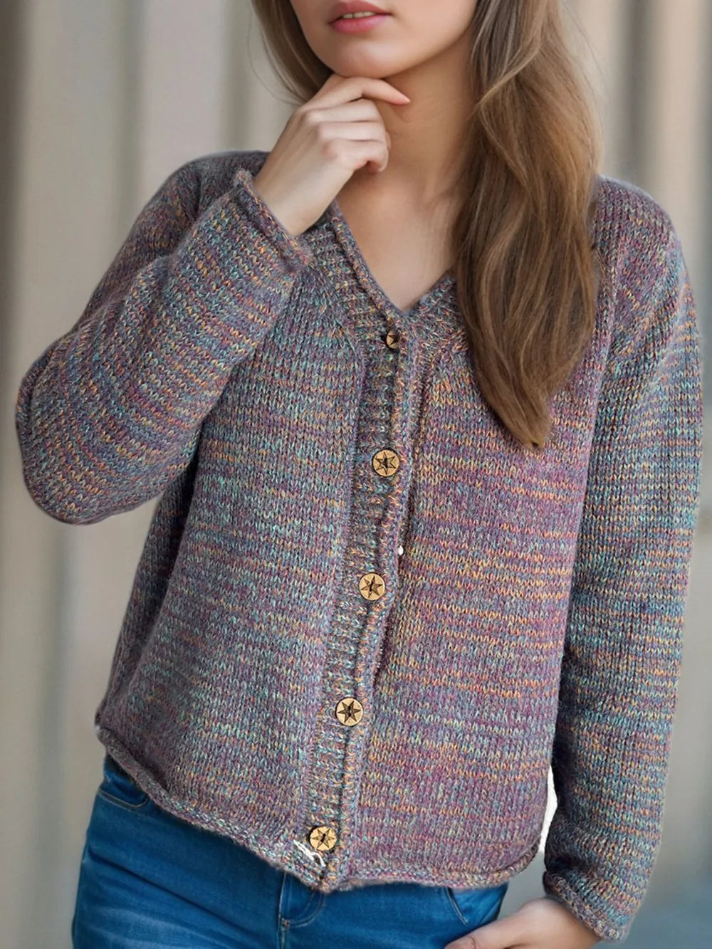 Heathered V-Neck Long Sleeve Cardigan - Fashorio