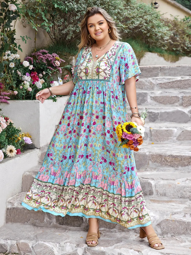 Plus Size Tie Neck Flutter Sleeve Maxi Dress, front view