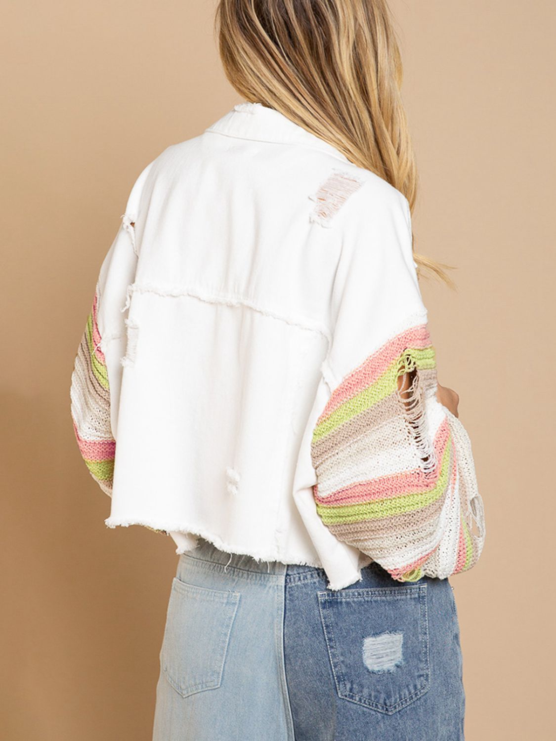 Distressed Striped Long Sleeve Denim Jacket - Fashorio