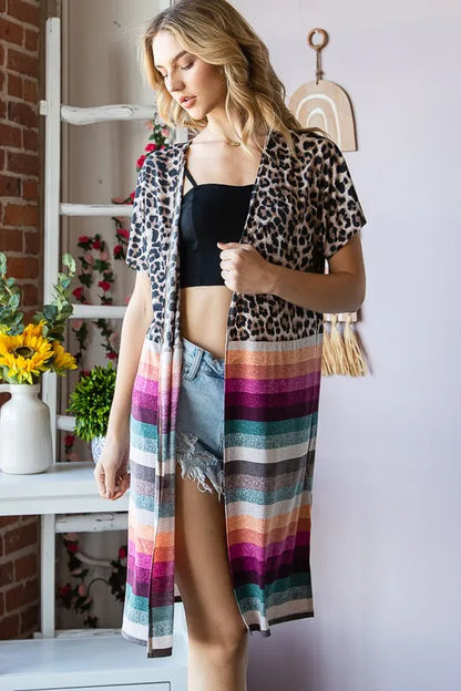 Heimish Full Size Animal Leopard and Stripe Open Cardigan Plus Size - Fashorio