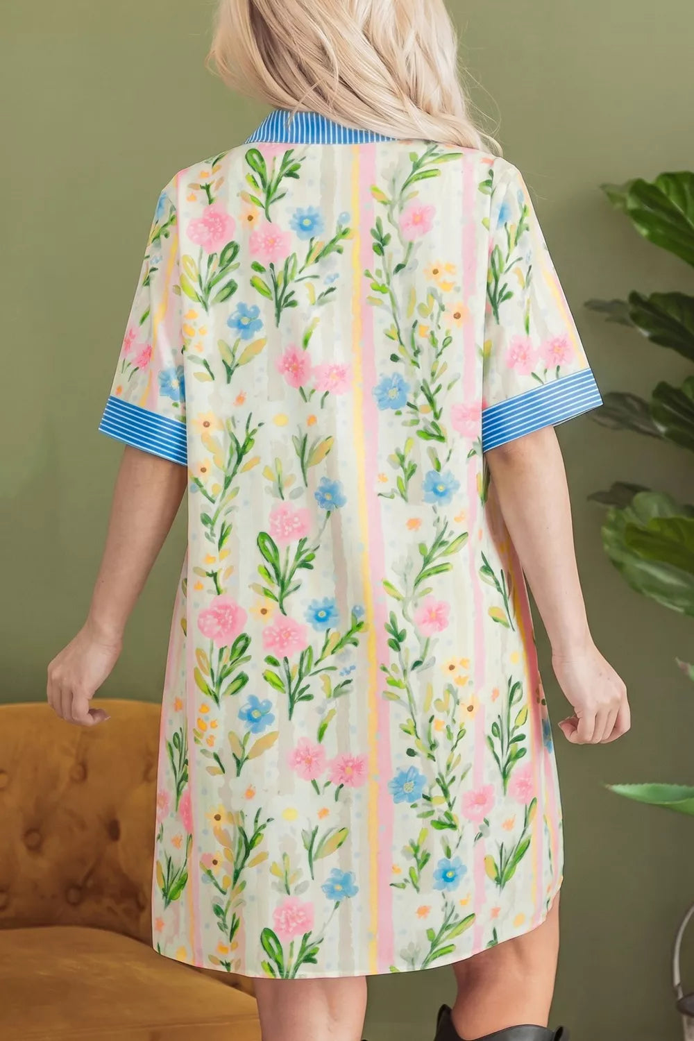 Multicolor floral print button down shift dress side view