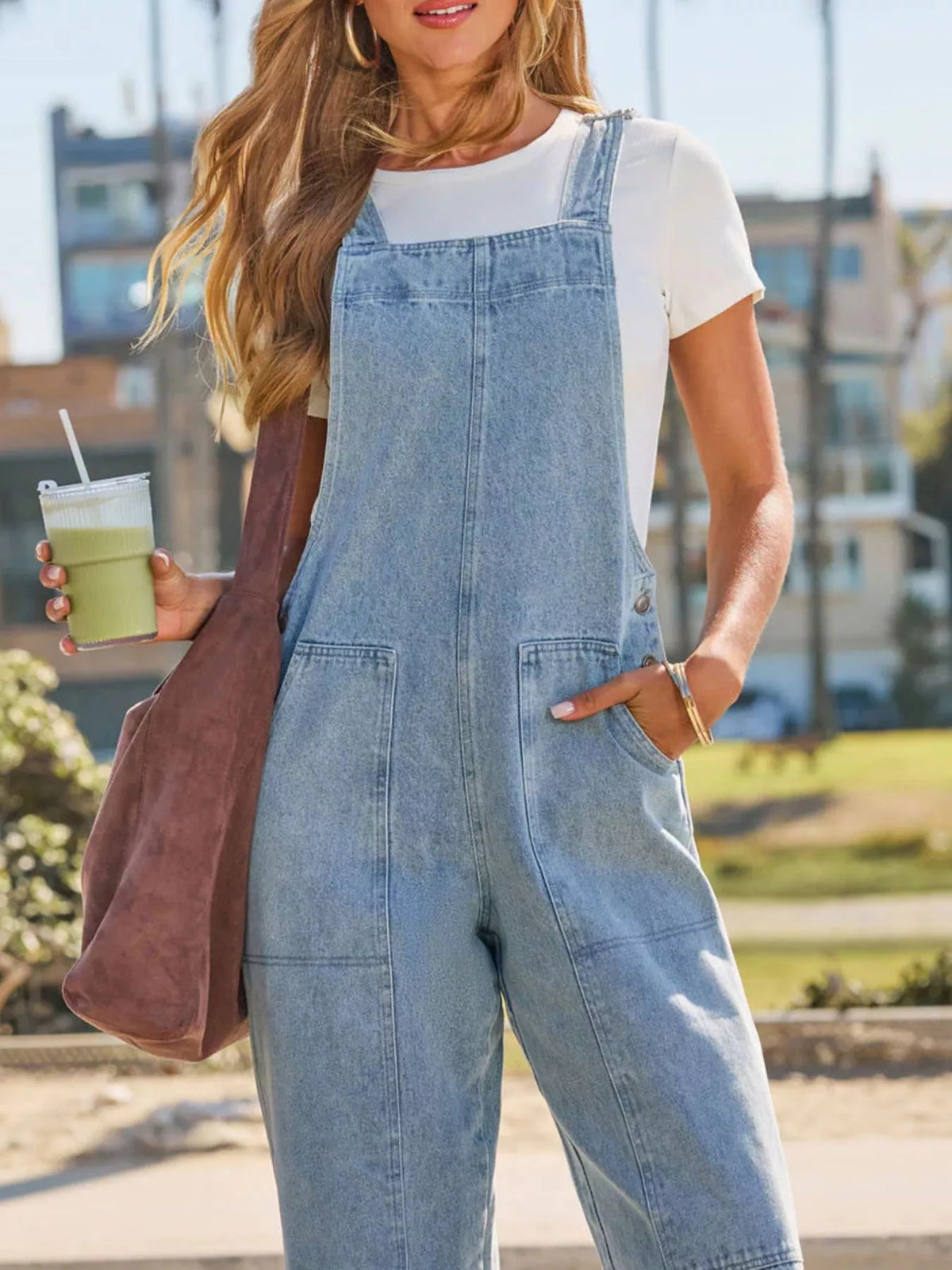 Denim overalls light blue washed finish detail