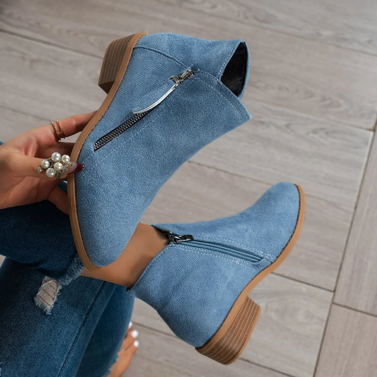 Side Zip Ankle Boots with Block Heel - Fashorio