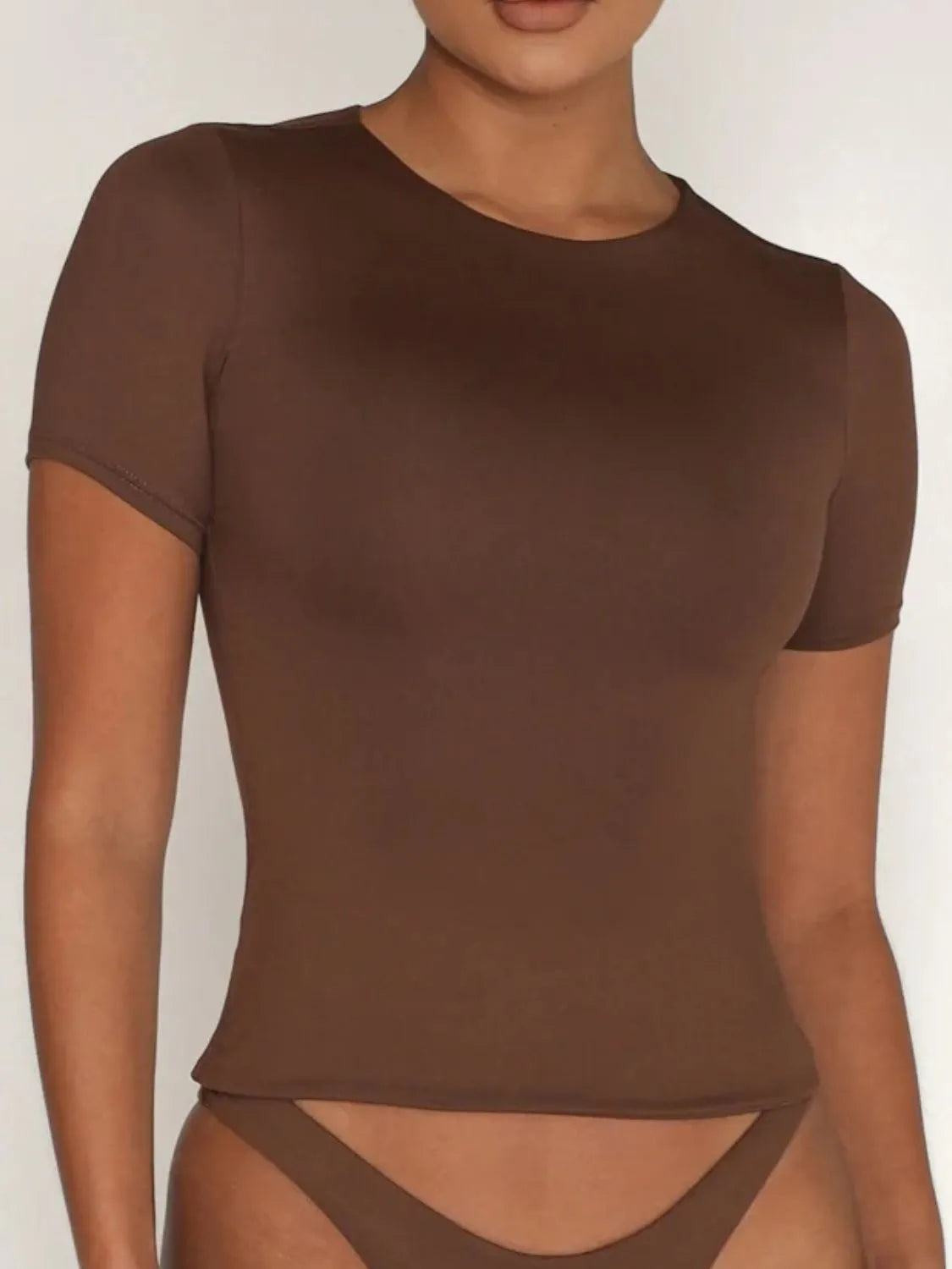 Round Neck Short Sleeve Swim Top Brown - Fashorio