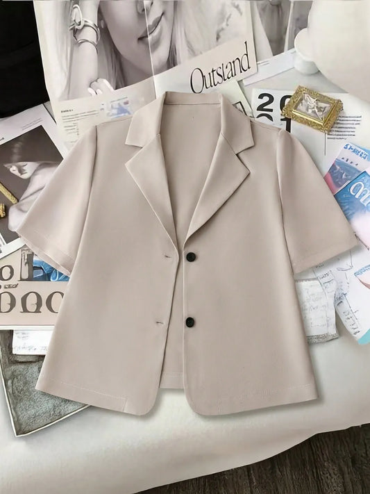 Short Sleeve Lapel Collar Solid Blazer Light Khaki - Fashorio