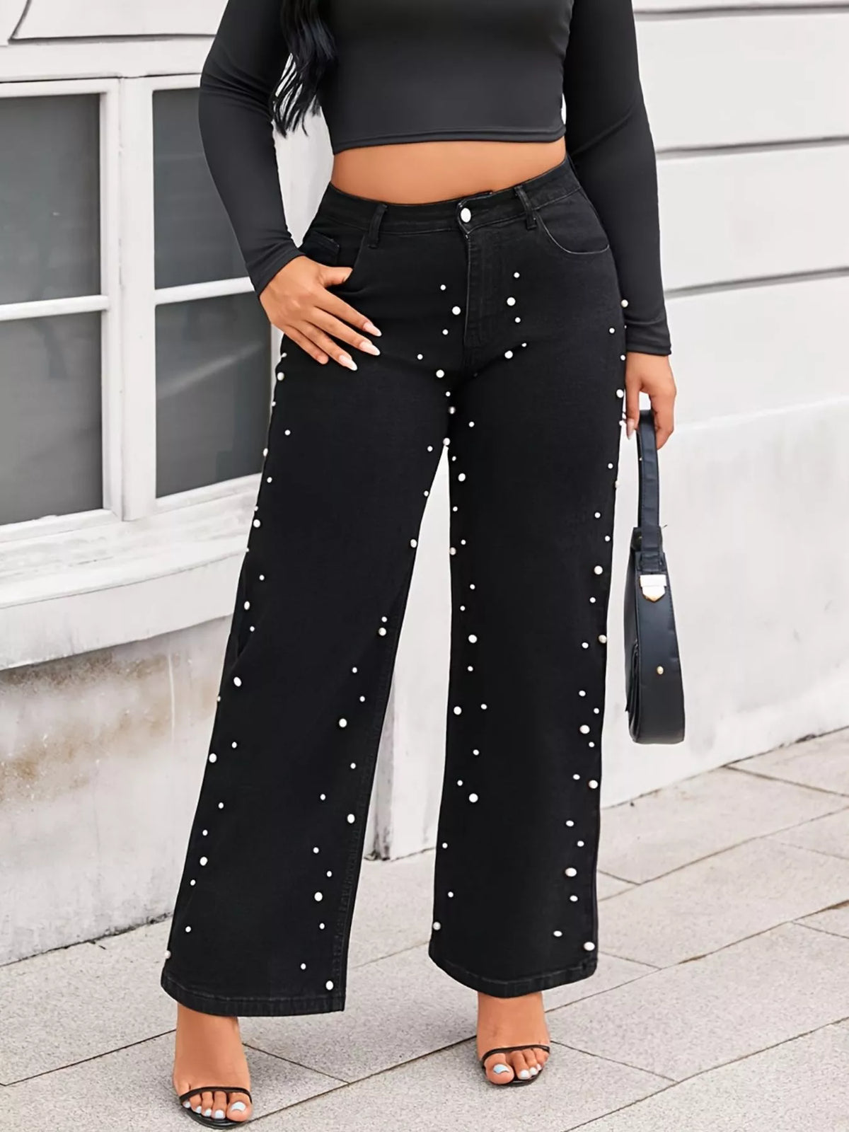 Womens plus size black wide leg denim back view