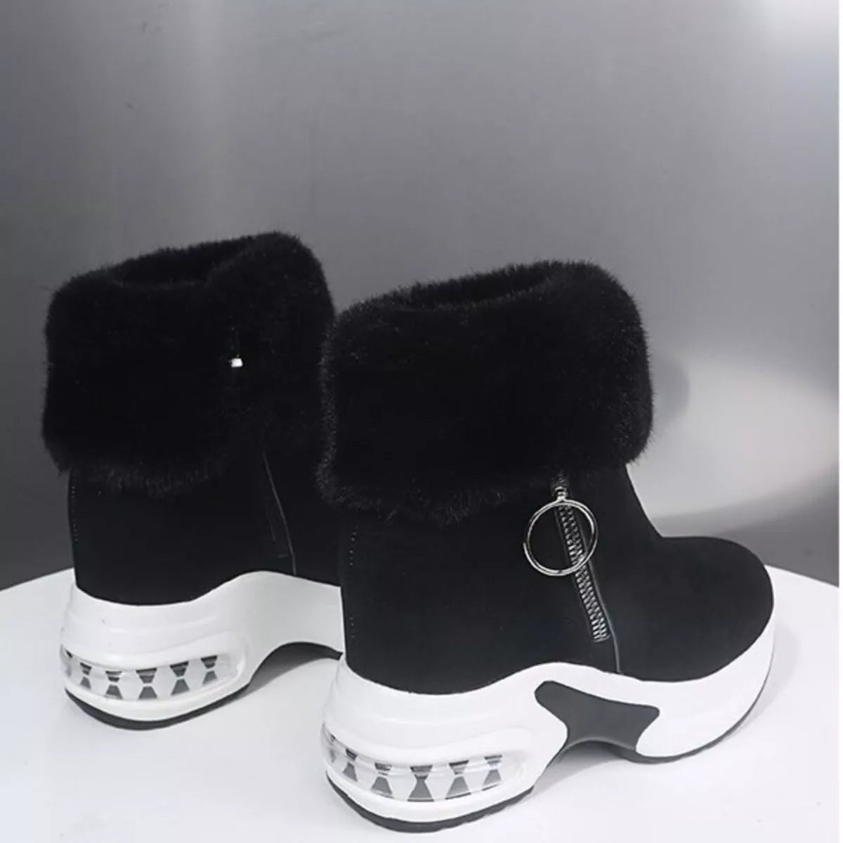 Fuzzy platform ankle boots toe close up