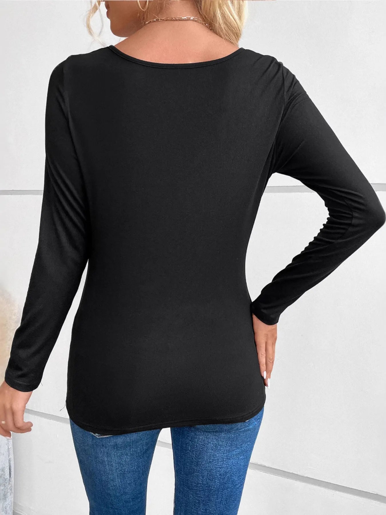 Rhinestone Ruched Long Sleeve T-Shirt - Fashorio