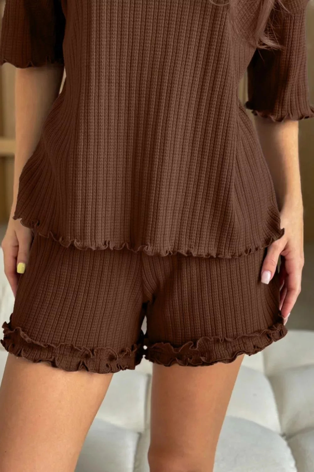 Brown ruffle top and shorts set full outfit styling