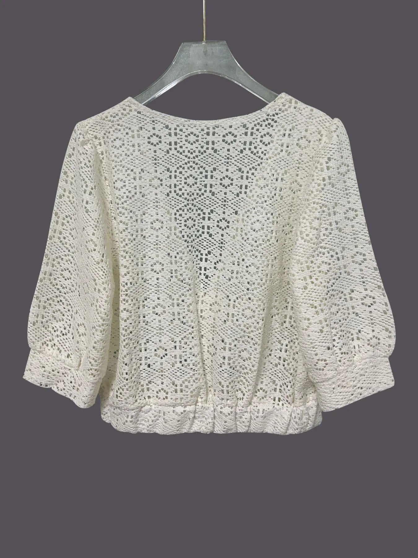 Ruched V-Neck Openwork Crop Knit Top - Fashorio