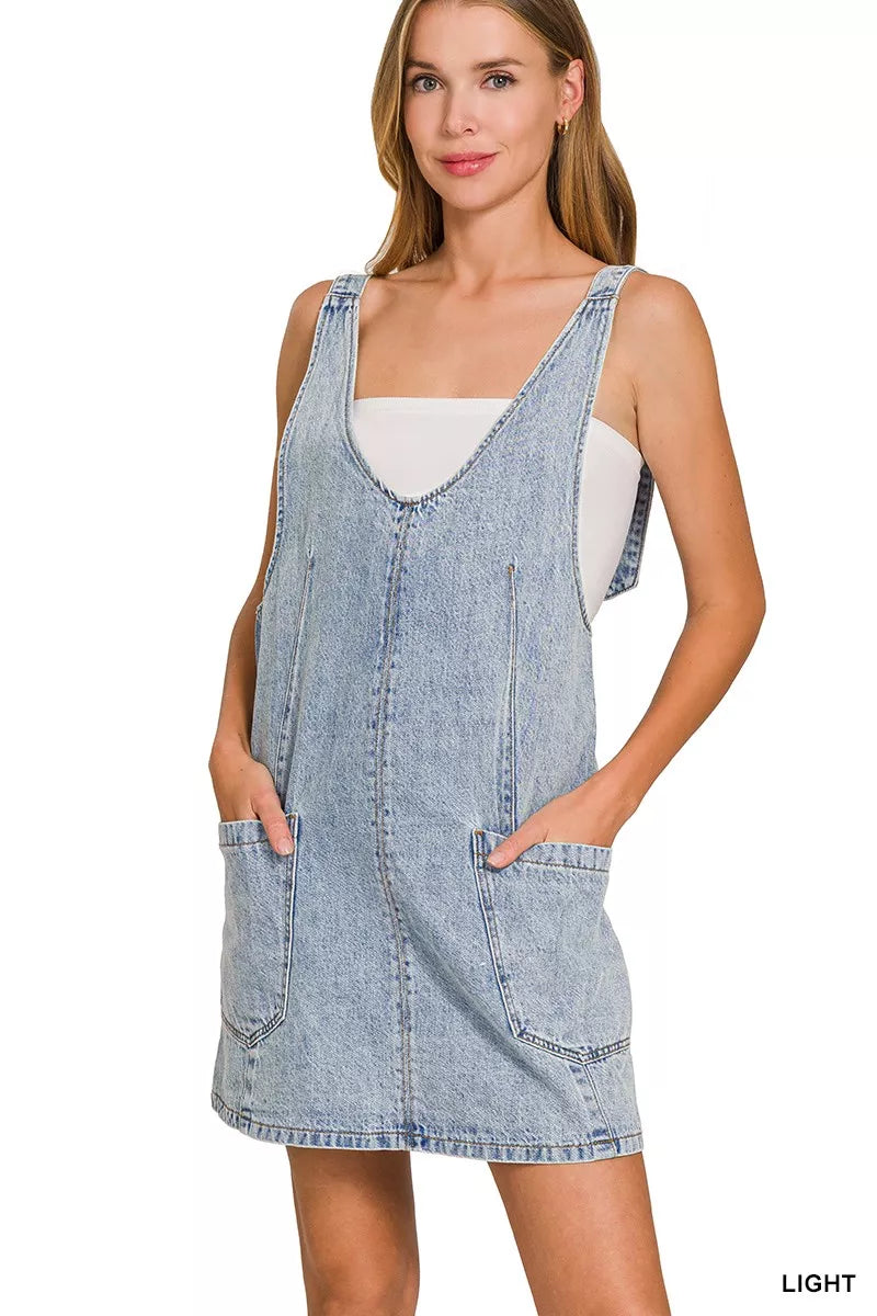 Zenana light wash denim overall dress front view