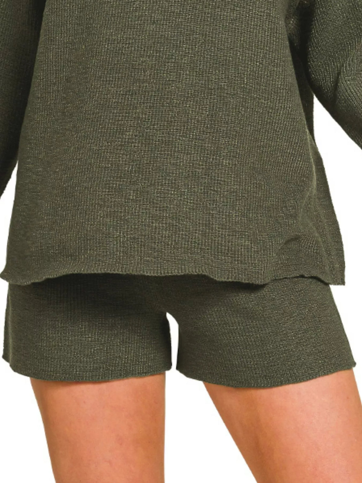 Round Neck Sweater Top and Shorts Set in Olive back view
