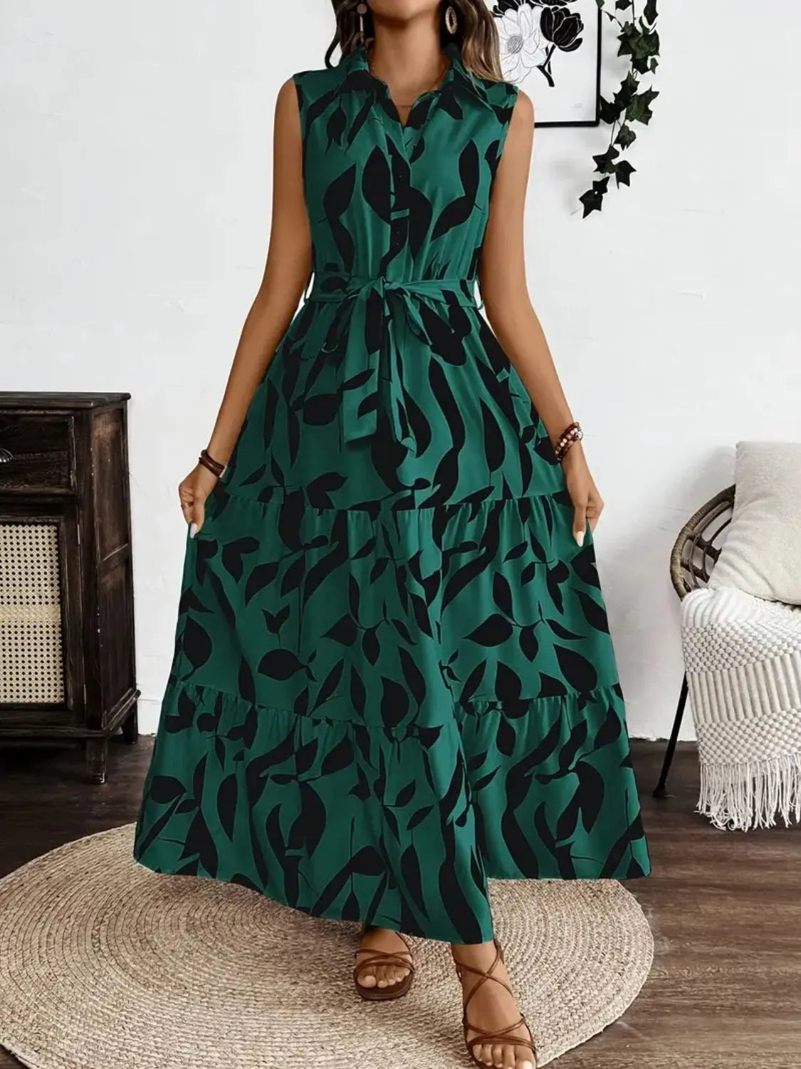 Printed tie waist sleeveless maxi dress with buttons styled view