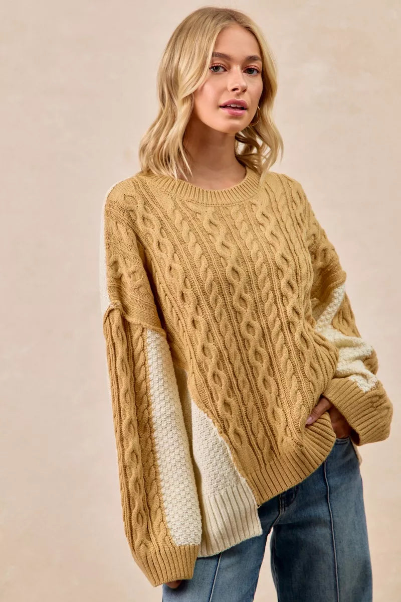 Cable Knit Uneven Hem Sweater in Mustard and Ivory view 7