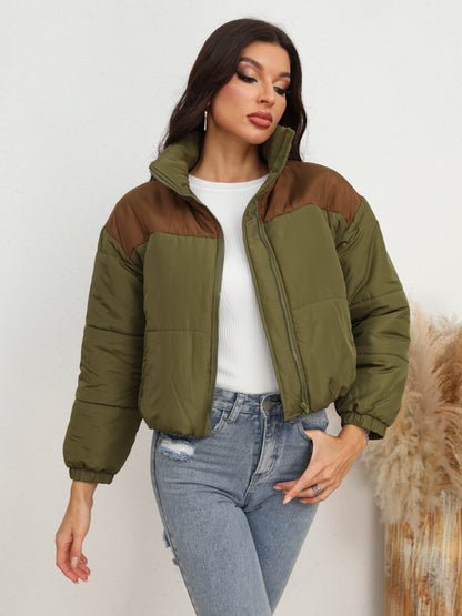 Two-Tone Zip-Up Puffer Jacket Army Green - Fashorio