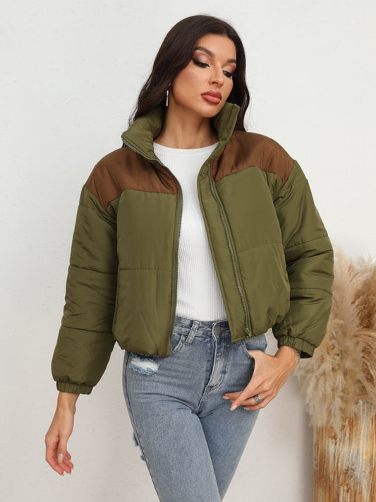 Two-Tone Zip-Up Puffer Jacket Army Green - Fashorio