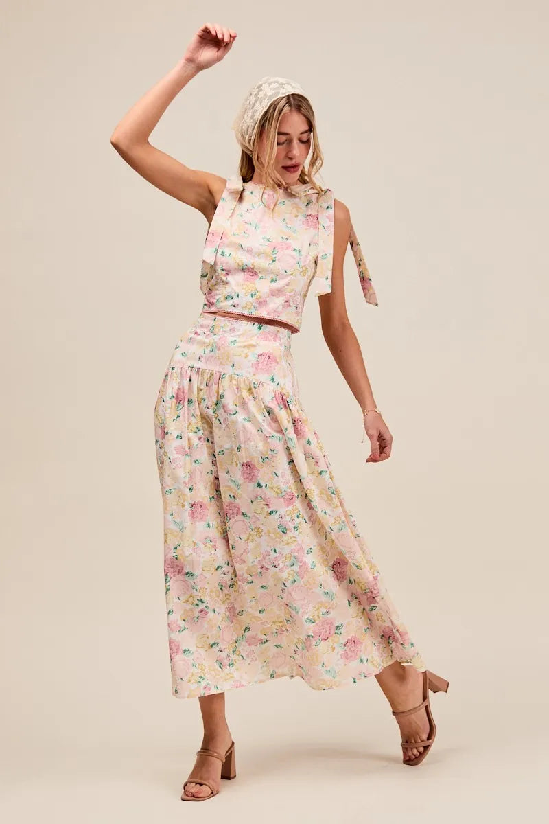 SO ME Floral Printed Woven Shoulder Bow Tie Top and Skirt Set - Fashorio