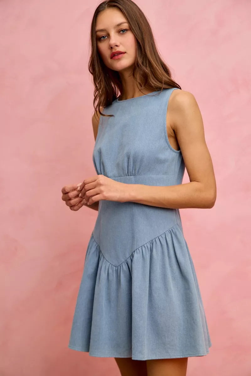 Fit And Flare Sleeveless Denim Mini Dress close up