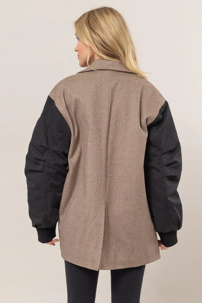 HYFVE Herringbone Mixed Media Contrast Long Sleeve Blazer - Fashorio