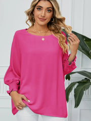 Smocked Lantern Sleeve Round Neck Blouse Hot Pink - Fashorio