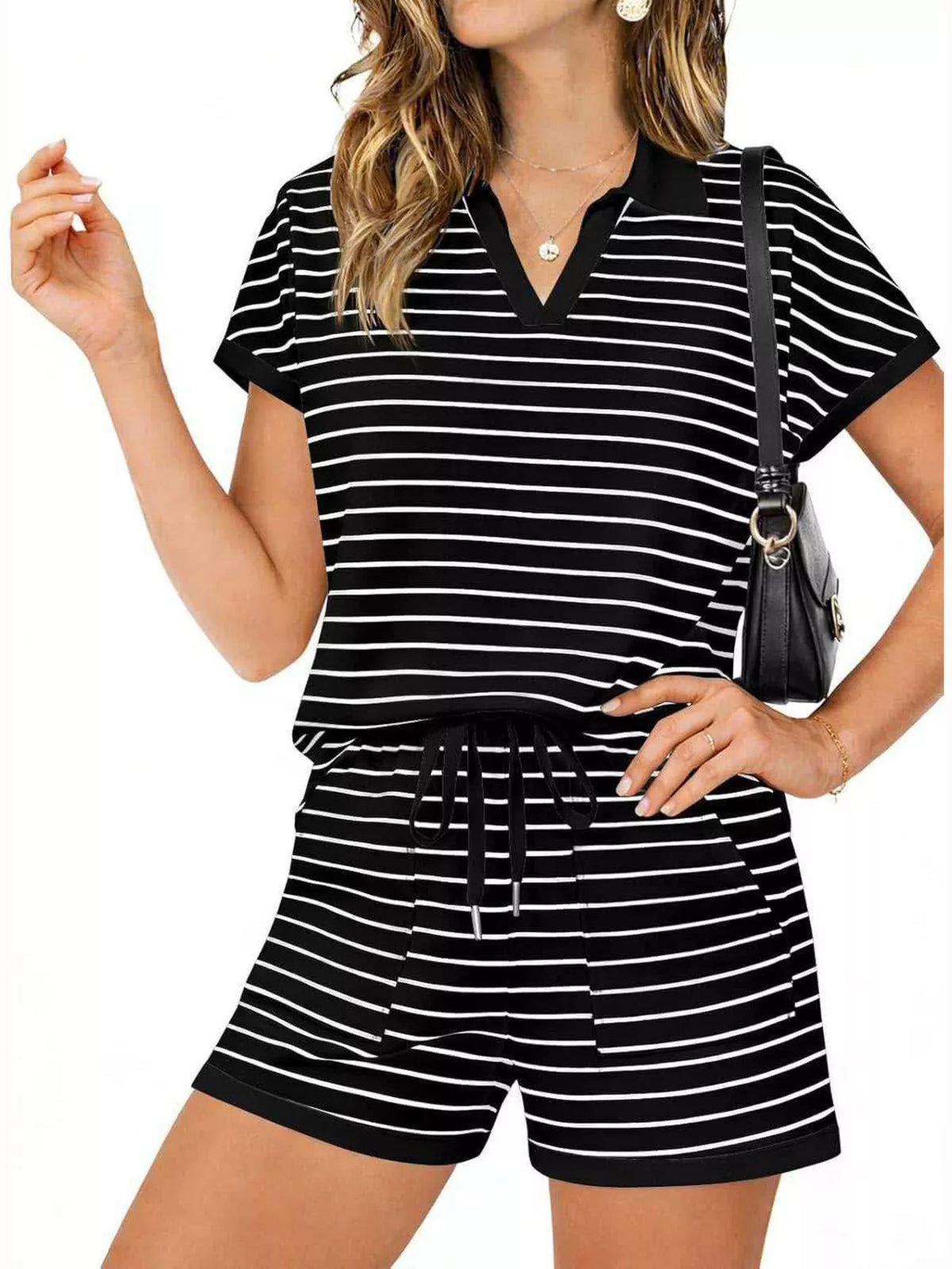 Striped Short Sleeve Polo and Shorts Set, view 10