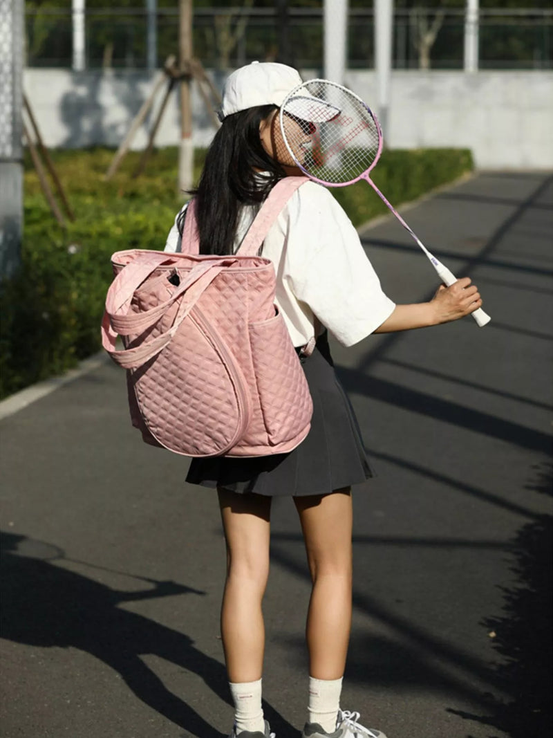 Quilted racket backpack front view in pink
