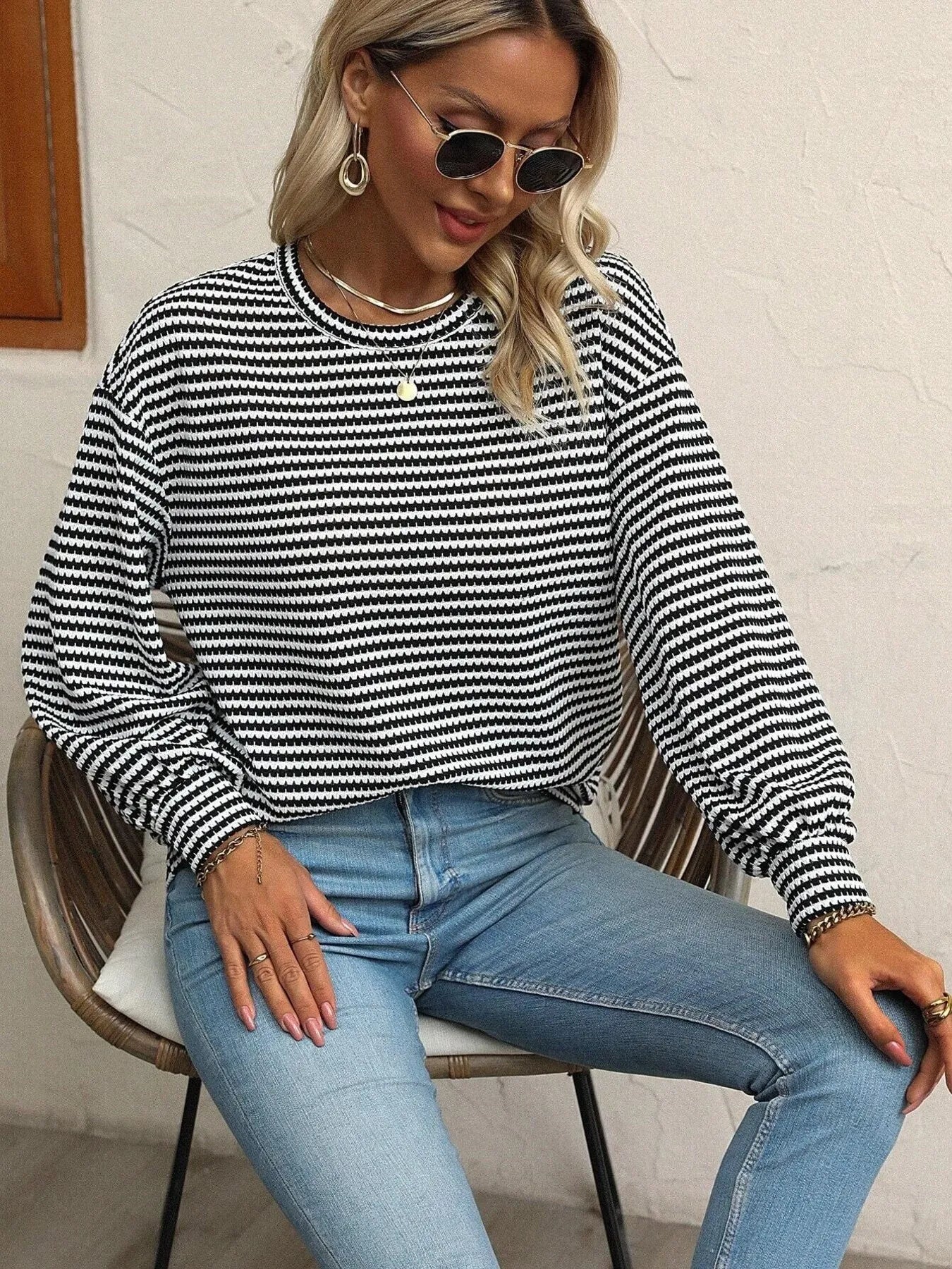 Striped Round Neck Lantern Sleeve Top - Fashorio