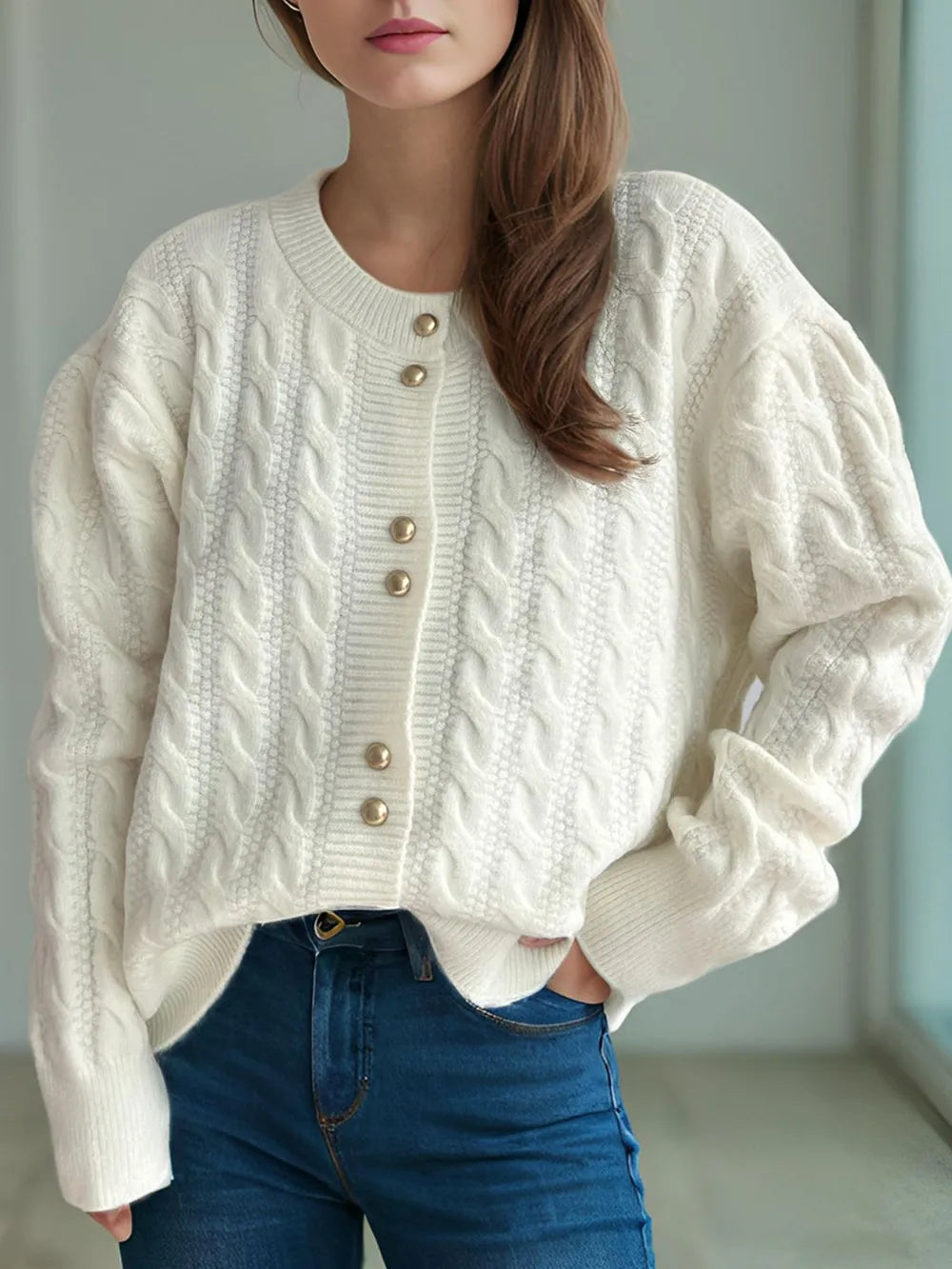 Cable-Knit Round Neck Long Sleeve Cardigan White One Size - Fashorio