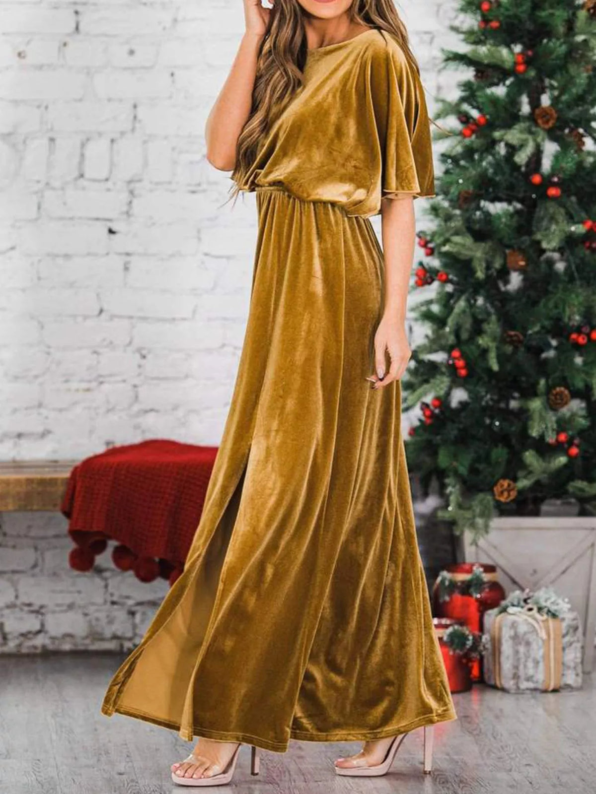 flutter sleeve velvet maxi dress detail view