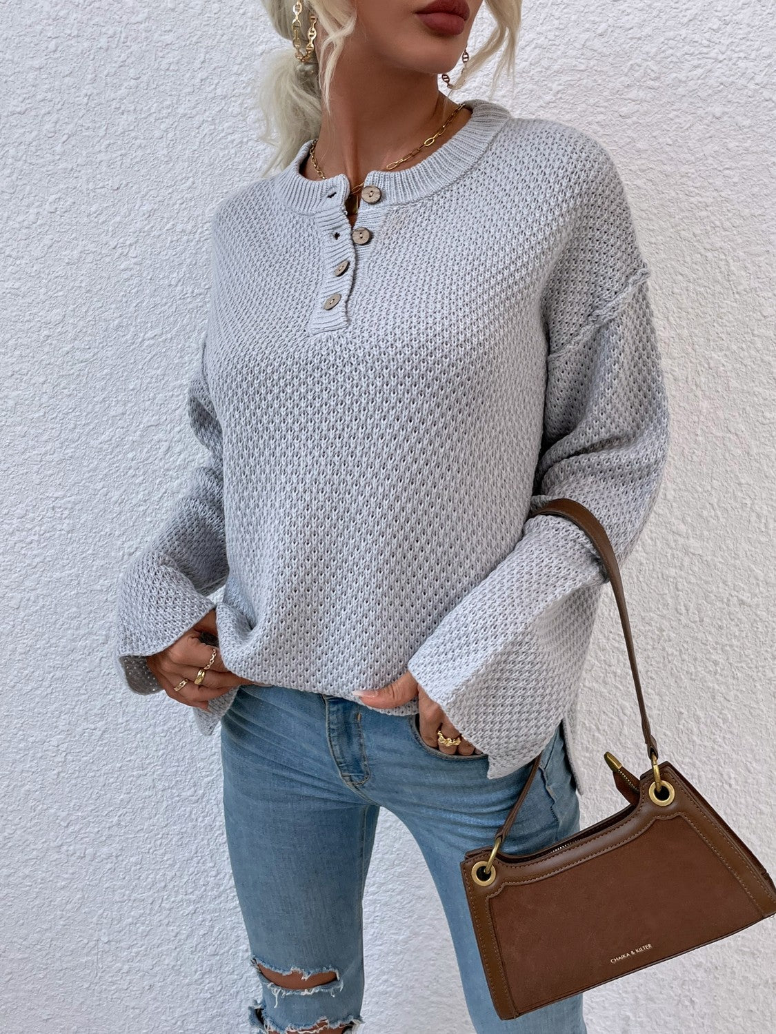 Quarter-Button Slit Sweater - Fashorio
