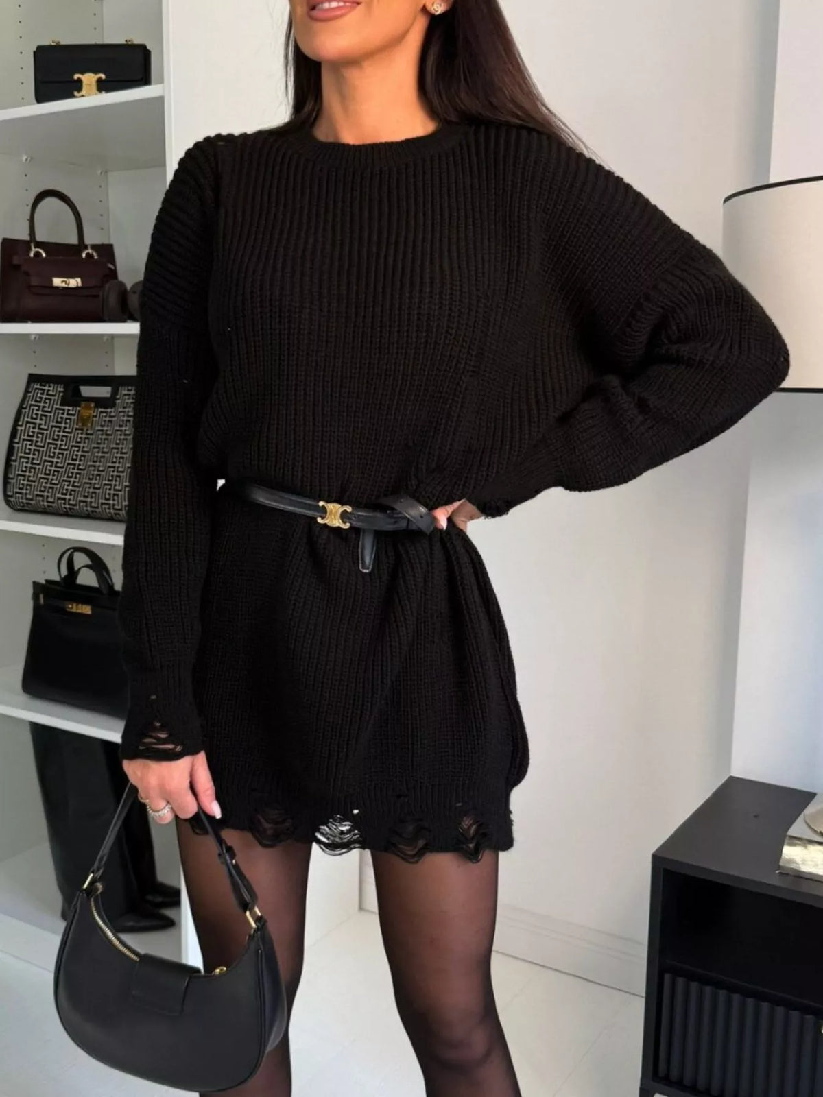 distressed drop shoulder sweater dress back view