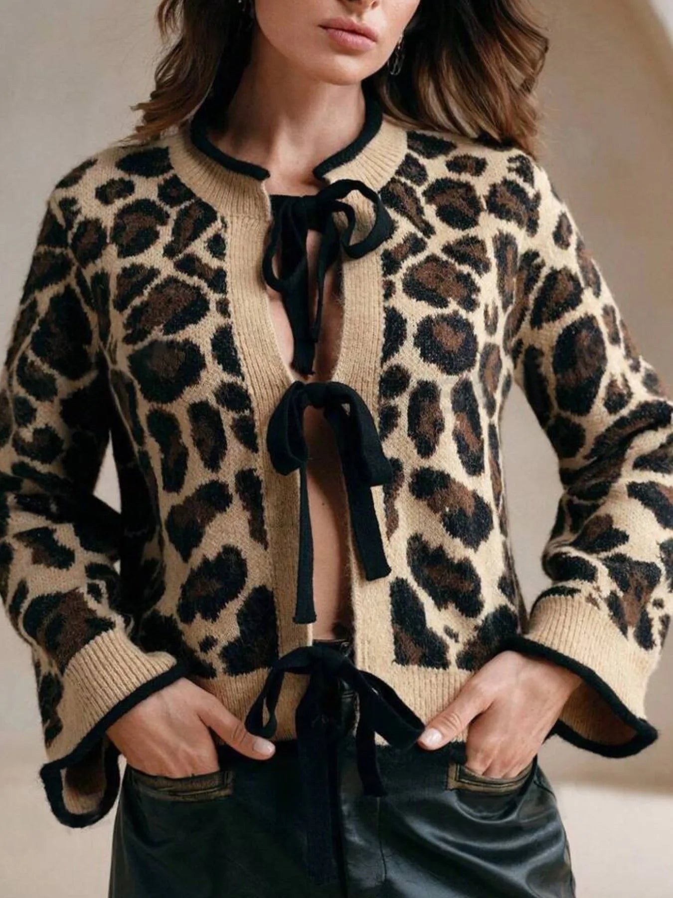 Leopard Print Bow-Tie Front Cropped Cardigan - Fashorio