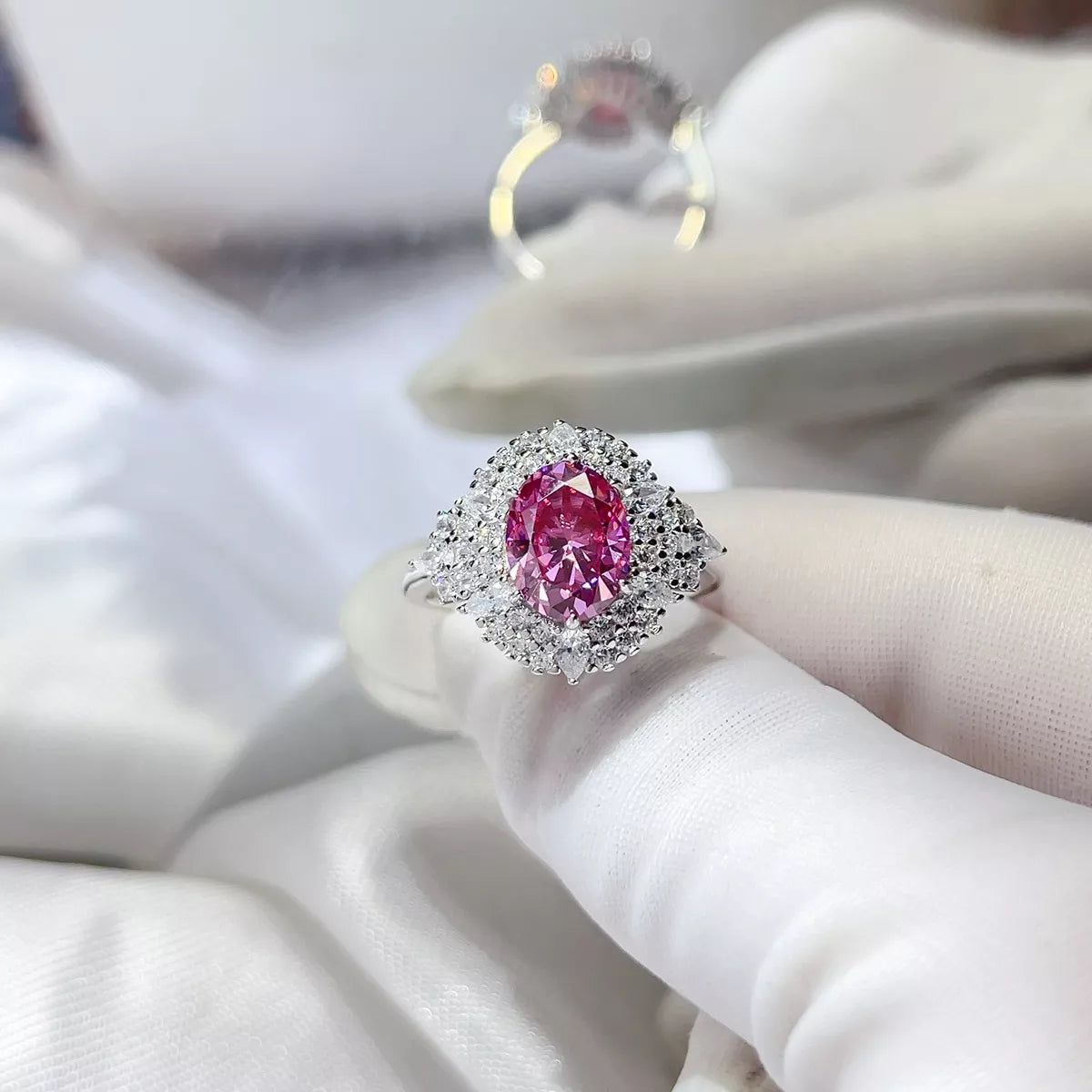 Close view of the fuchsia stone and 925 sterling silver band
