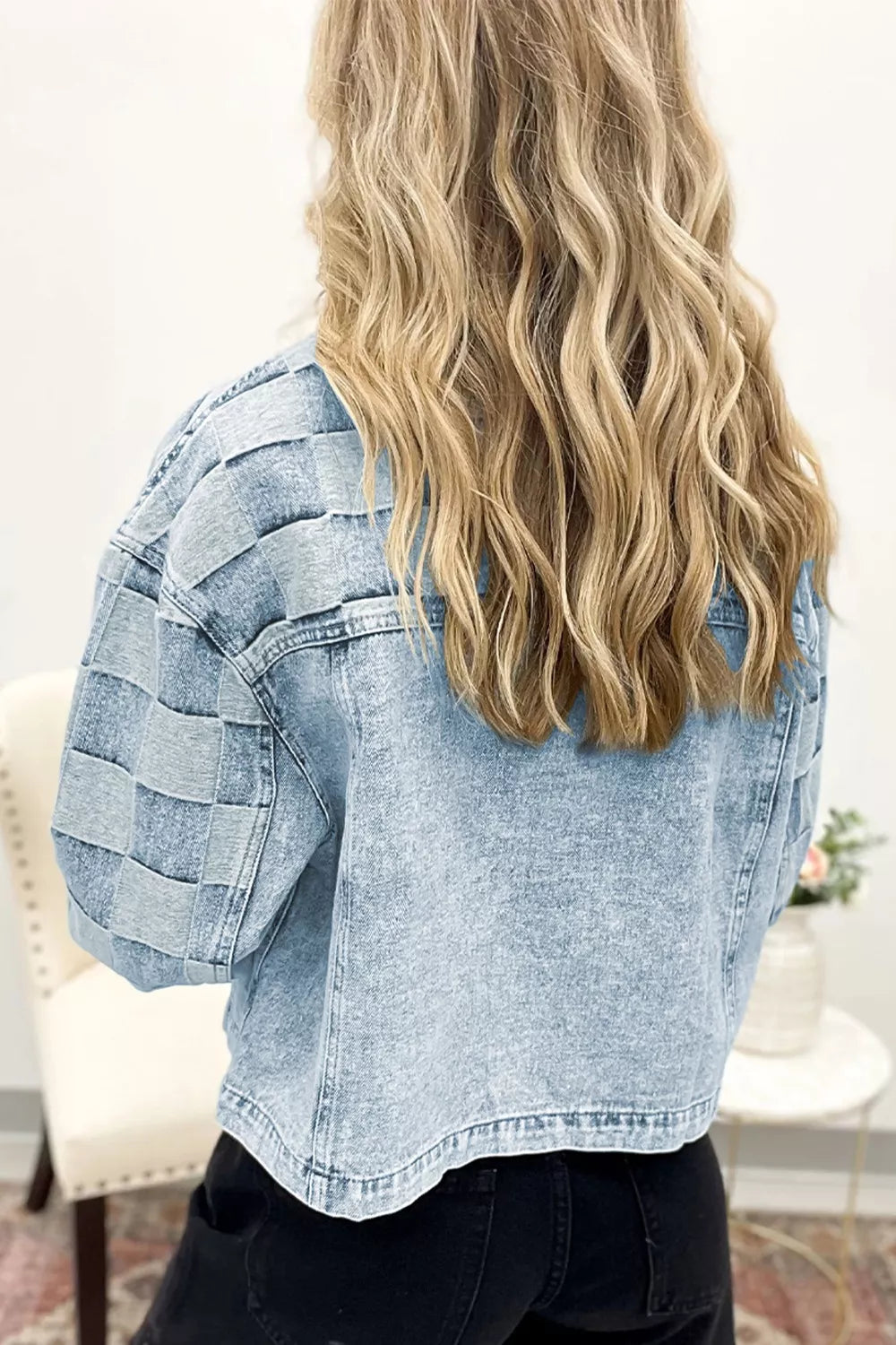 Washed Button Up Denim Jacket in Light Blue back view