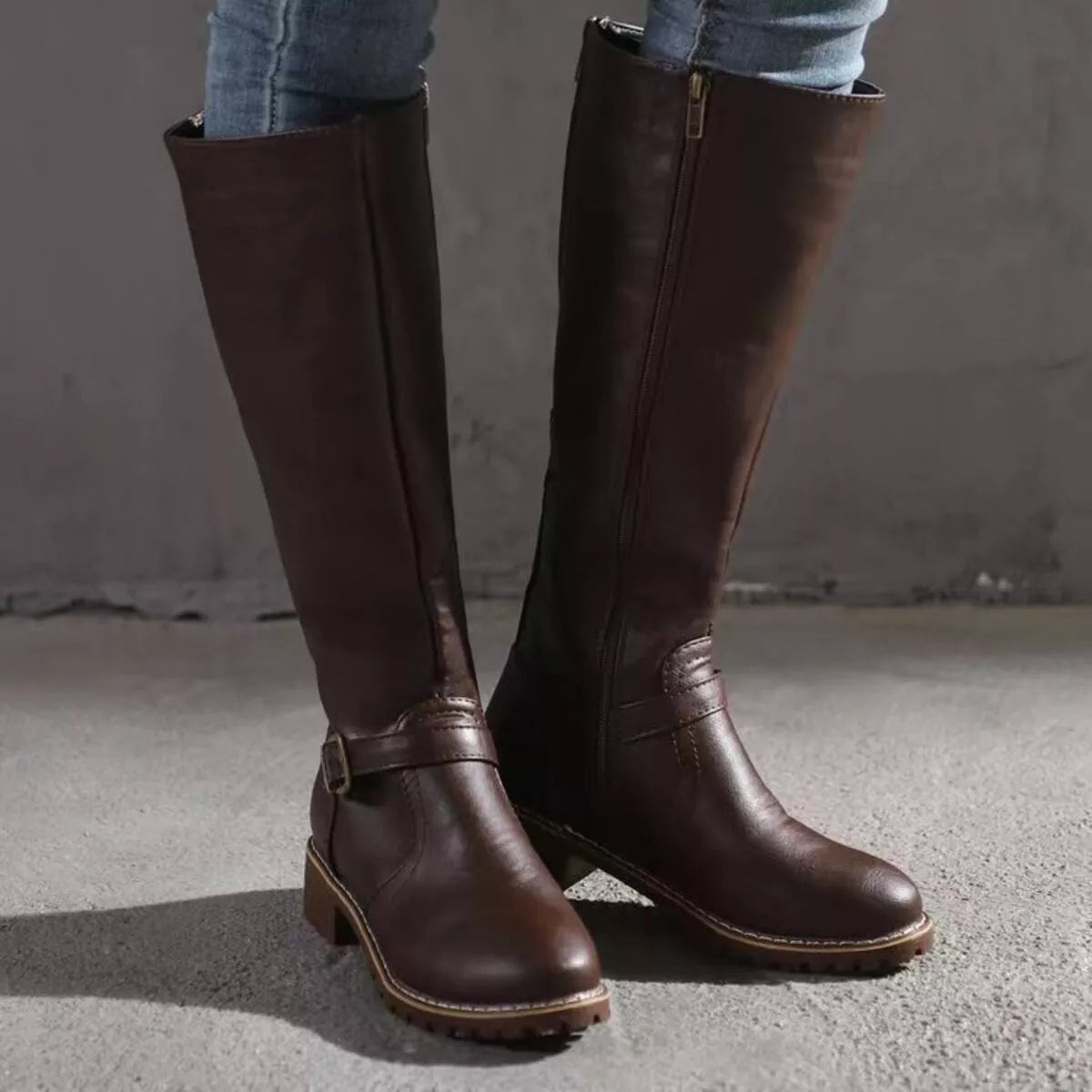 Round toe block heel boots styled on model
