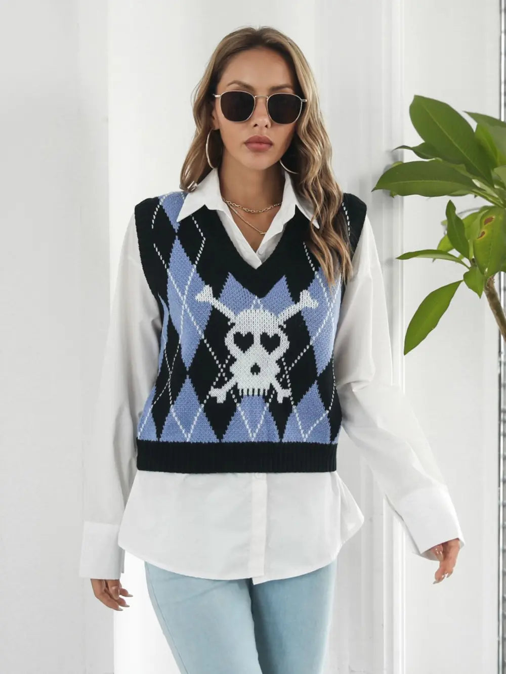 Skull Geometric V Neck Sweater Vest in Black side view