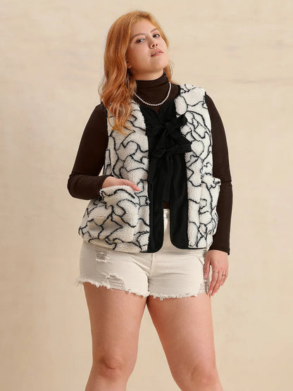 Plus Size Tied Sherpa Vest Coat with Pockets - Fashorio