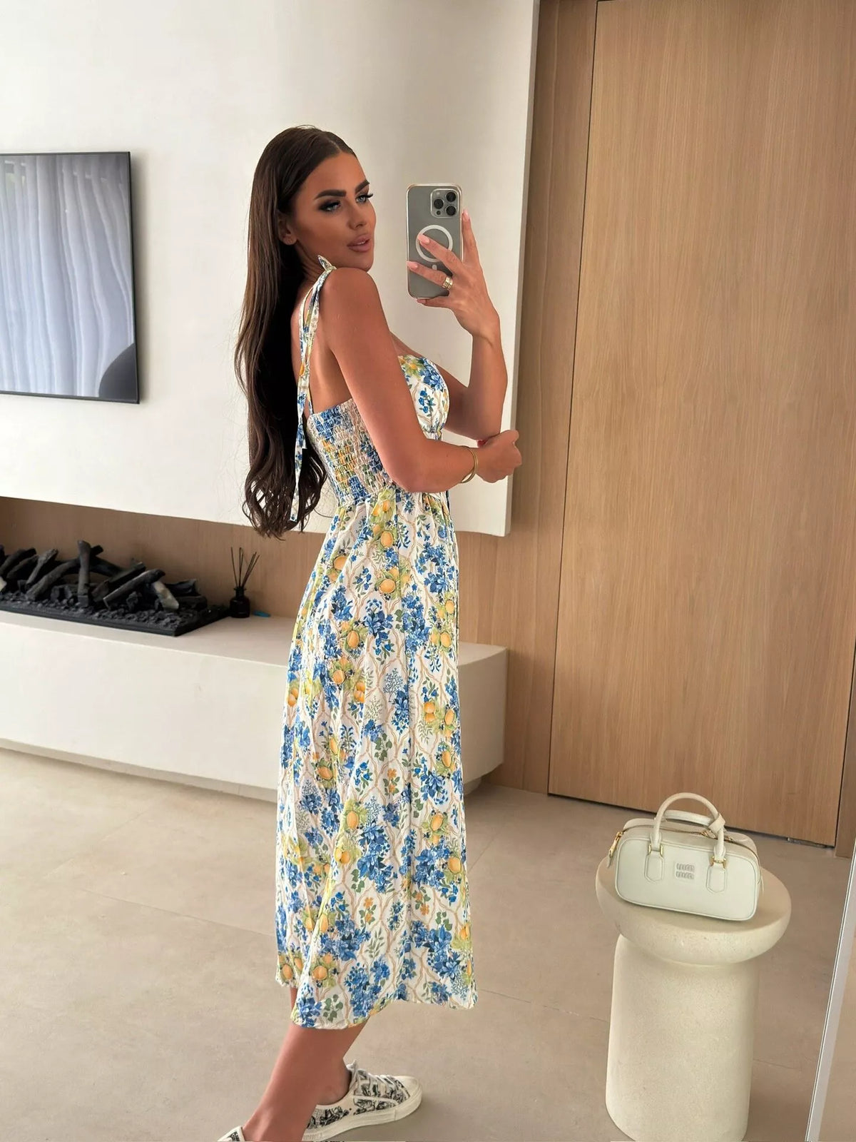 Printed tie strap midi dress side view