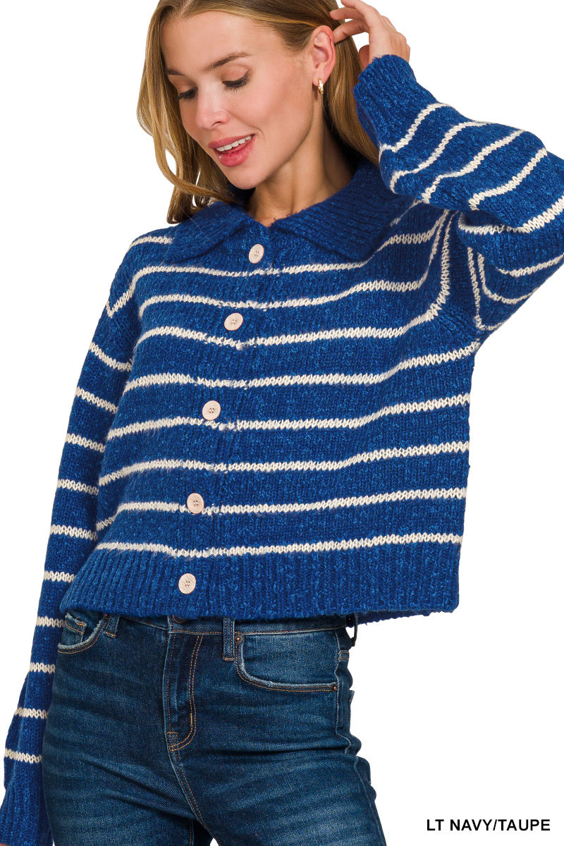 Striped cardigan collar and button detail