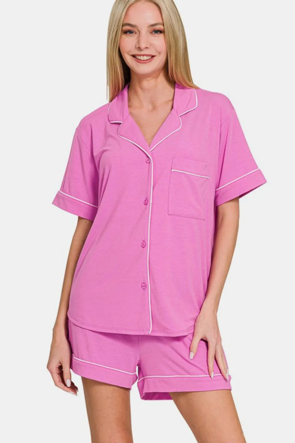 Zenana Button Down Short Sleeve Top and Shorts Lounge Set BRIGHT MAUVE - Fashorio