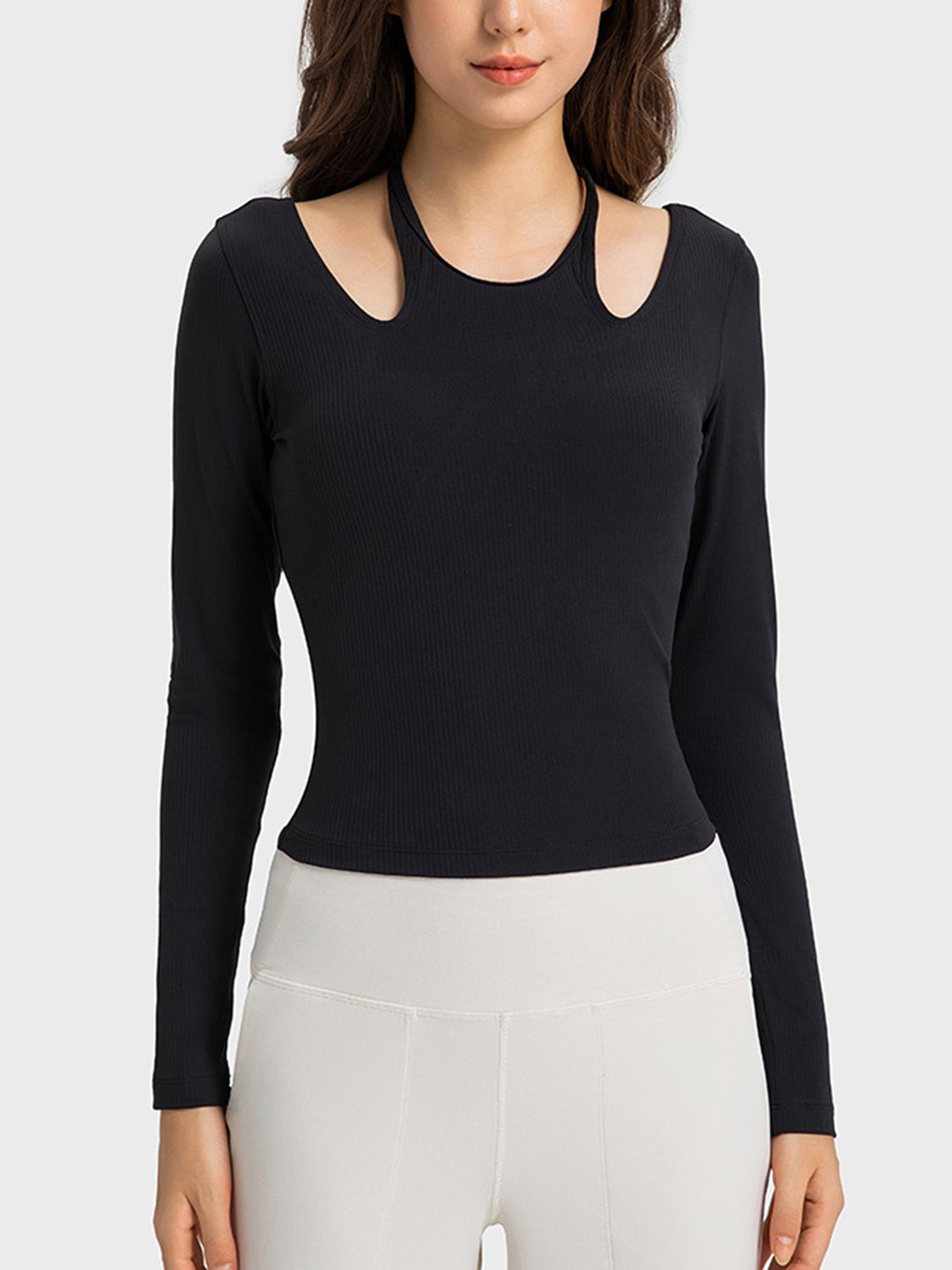 halter neck long sleeve active top flat lay view